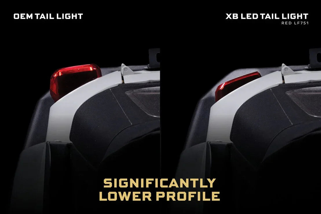 Comparison of OEM Ford Bronco tail light and XB LED tail light with lower profile upgrade