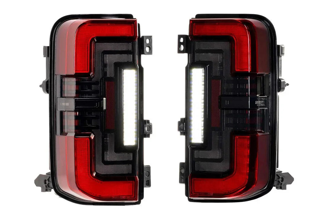 Red smoked LED tail lights for 2021 and newer Ford Bronco, pair displayed on white background
