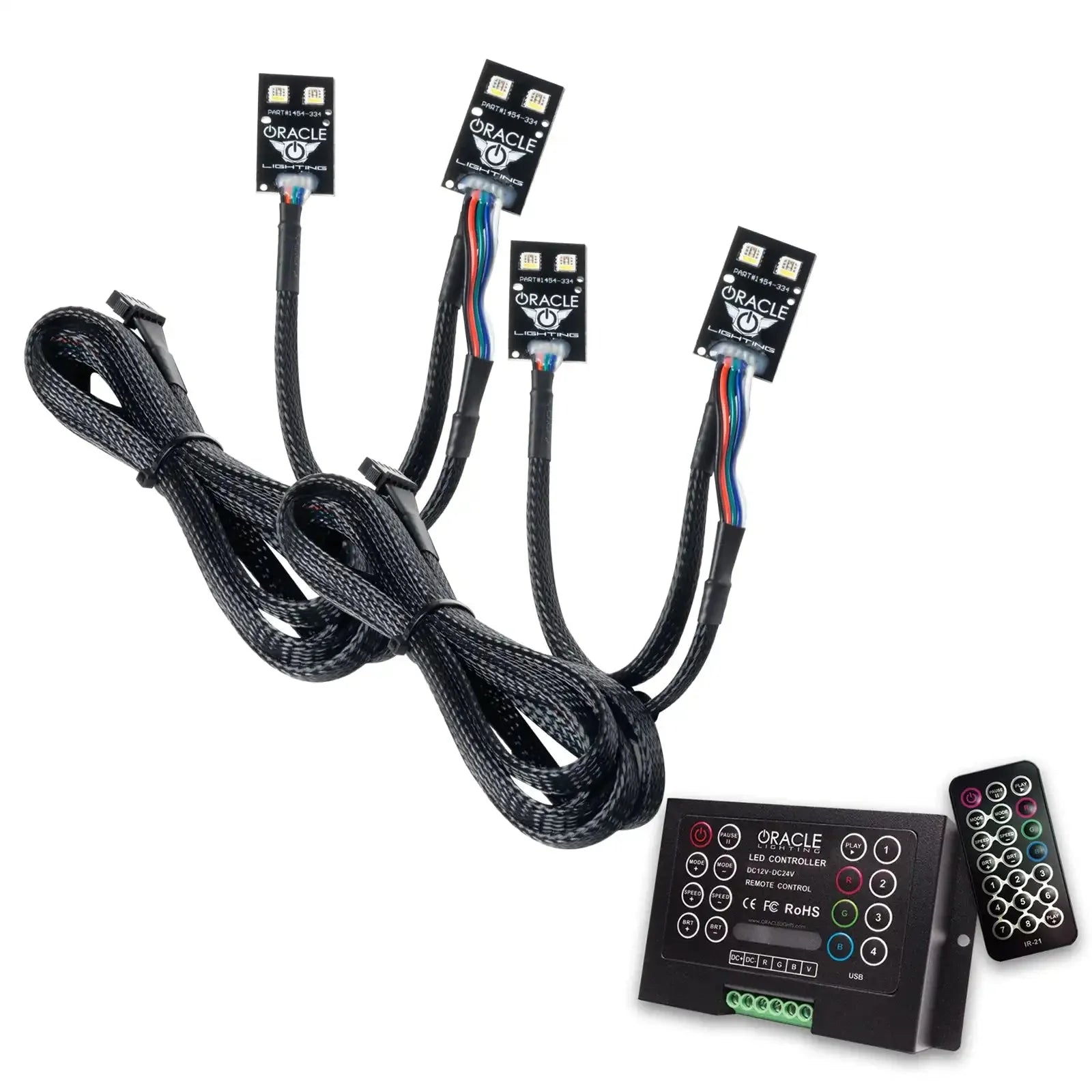 Off-road vehicle RGB LED lighting kit with controller and remote, wiring harnesses visible