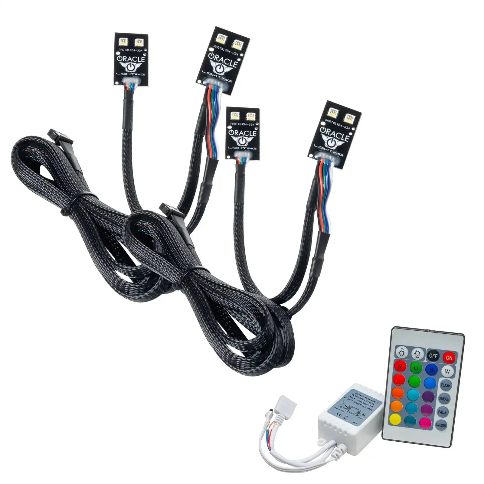 RGB LED rock light kit with remote control and wiring for off-road vehicles