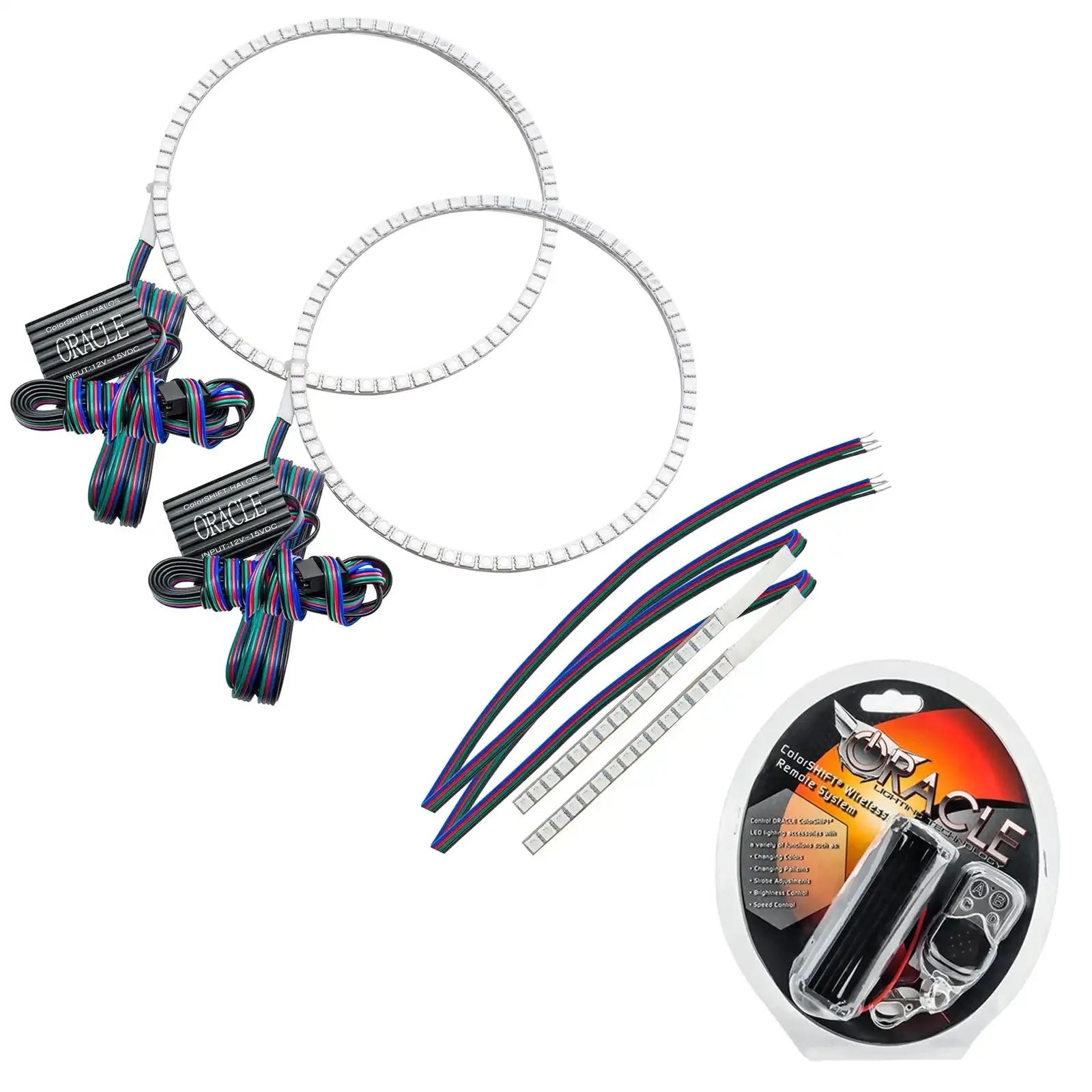 LED halo ring headlight kit with wiring and remote control for off-road vehicles and trucks