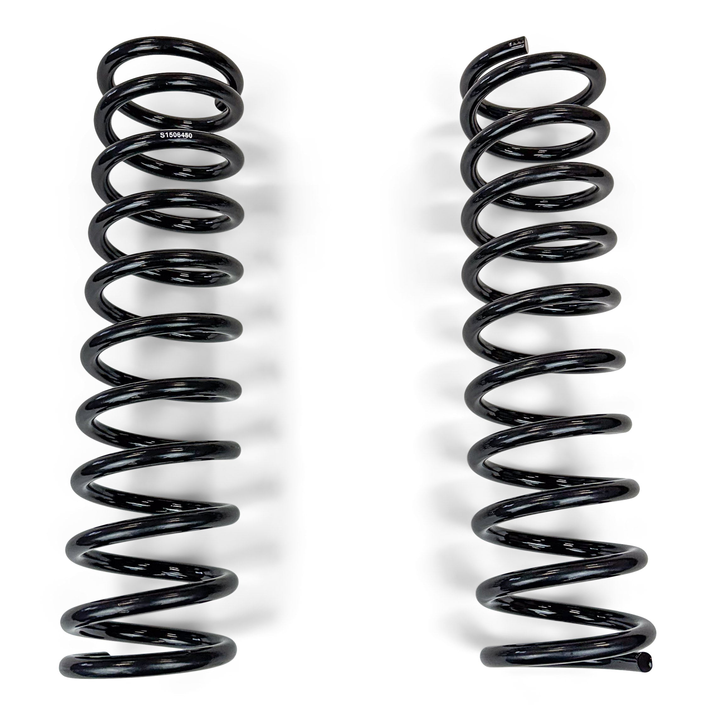 Pair of black heavy-duty coil springs for off-road vehicle suspension upgrades