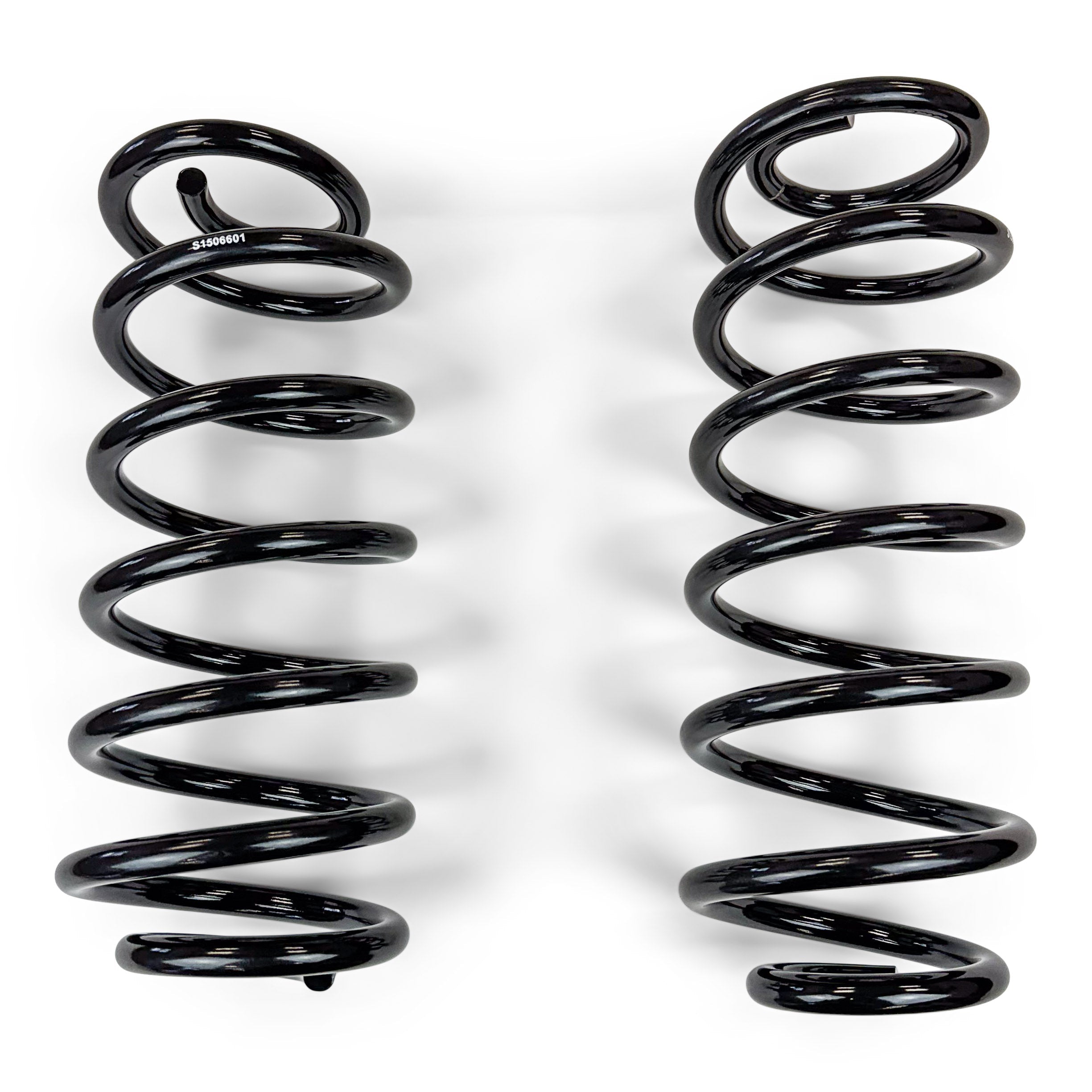 Pair of black heavy-duty coil springs for off-road vehicle suspension on white background