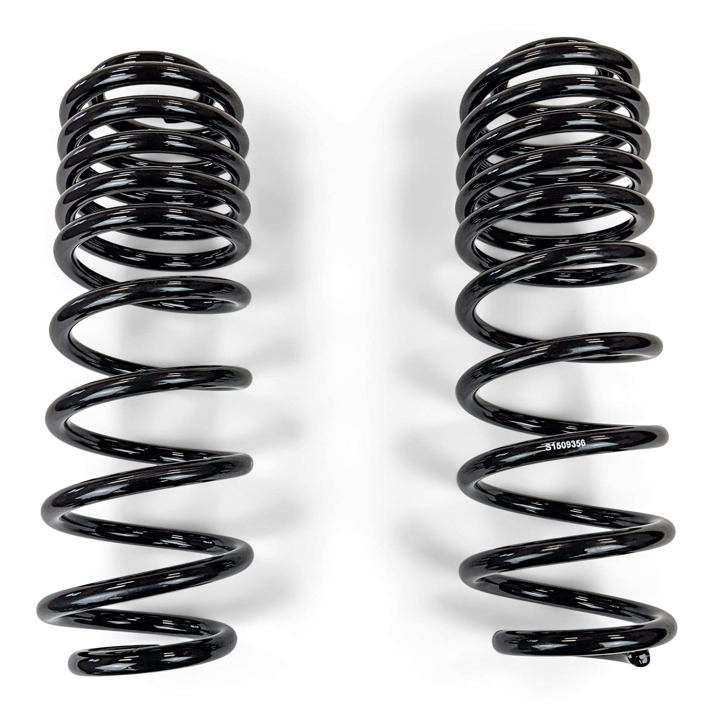 Pair of heavy-duty black coil springs for off-road vehicle suspension upgrade