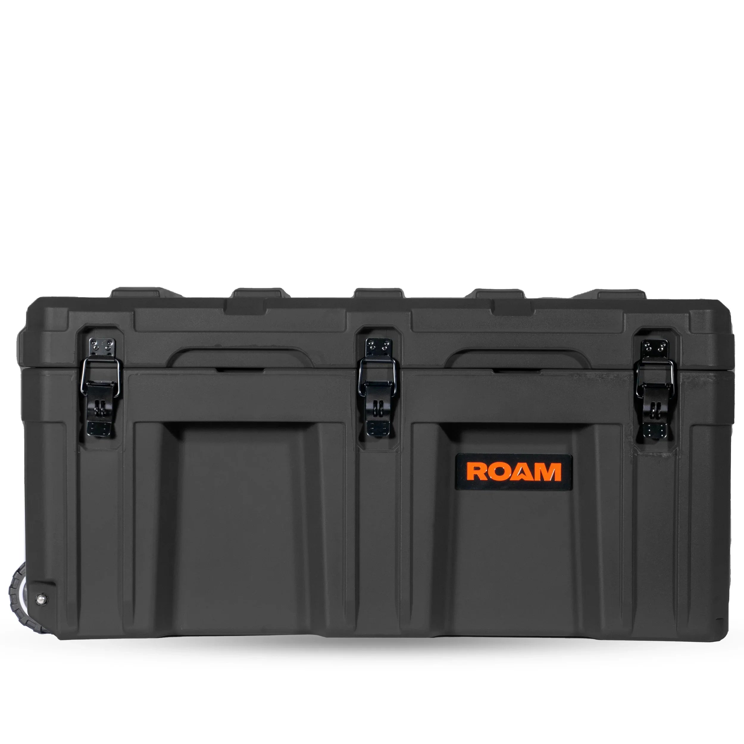 Black hard-shell cargo storage case with four latches and ROAM logo, for overlanding gear