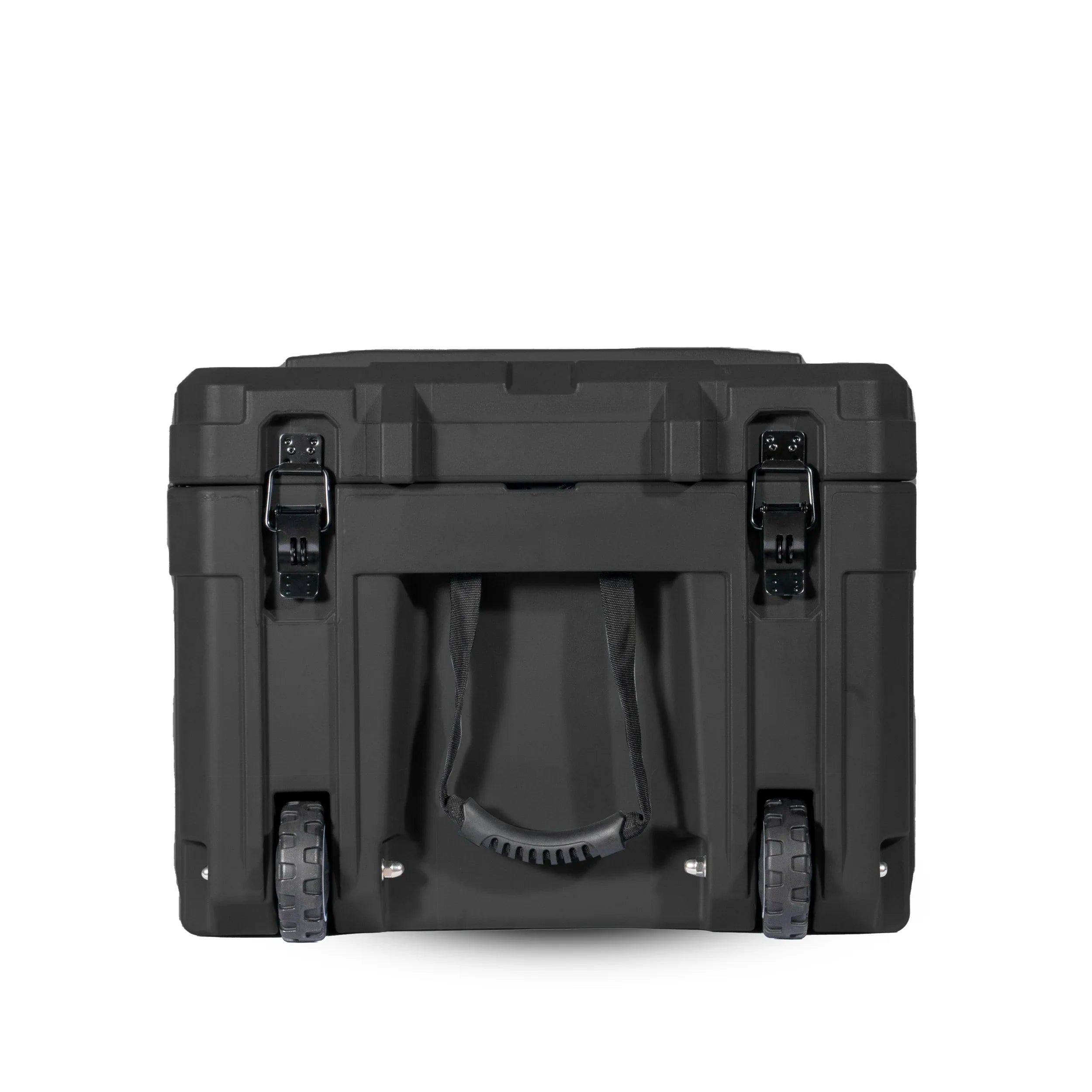 Black rugged storage case with wheels and handle for overlanding and expedition gear