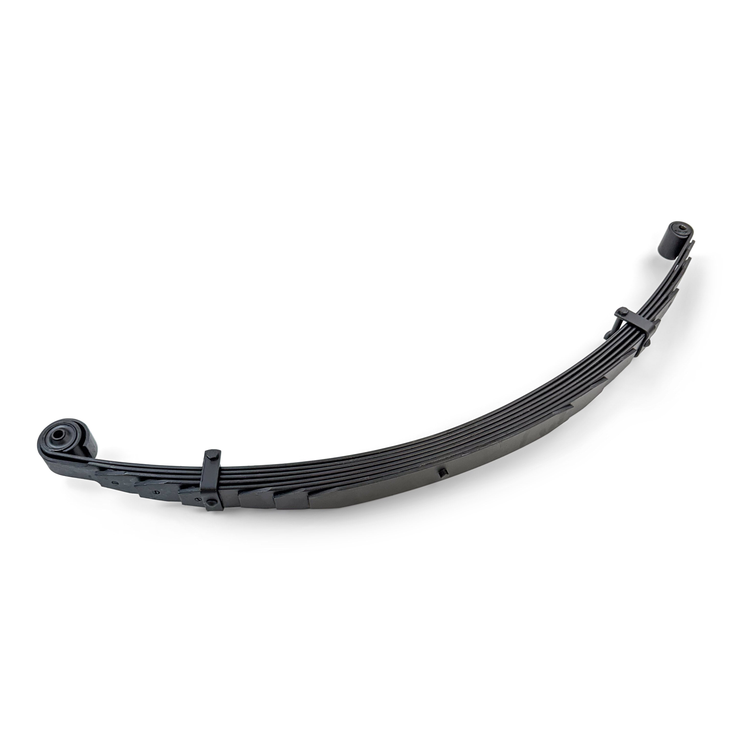 Heavy-duty black leaf spring for off-road truck suspension, isolated on white background