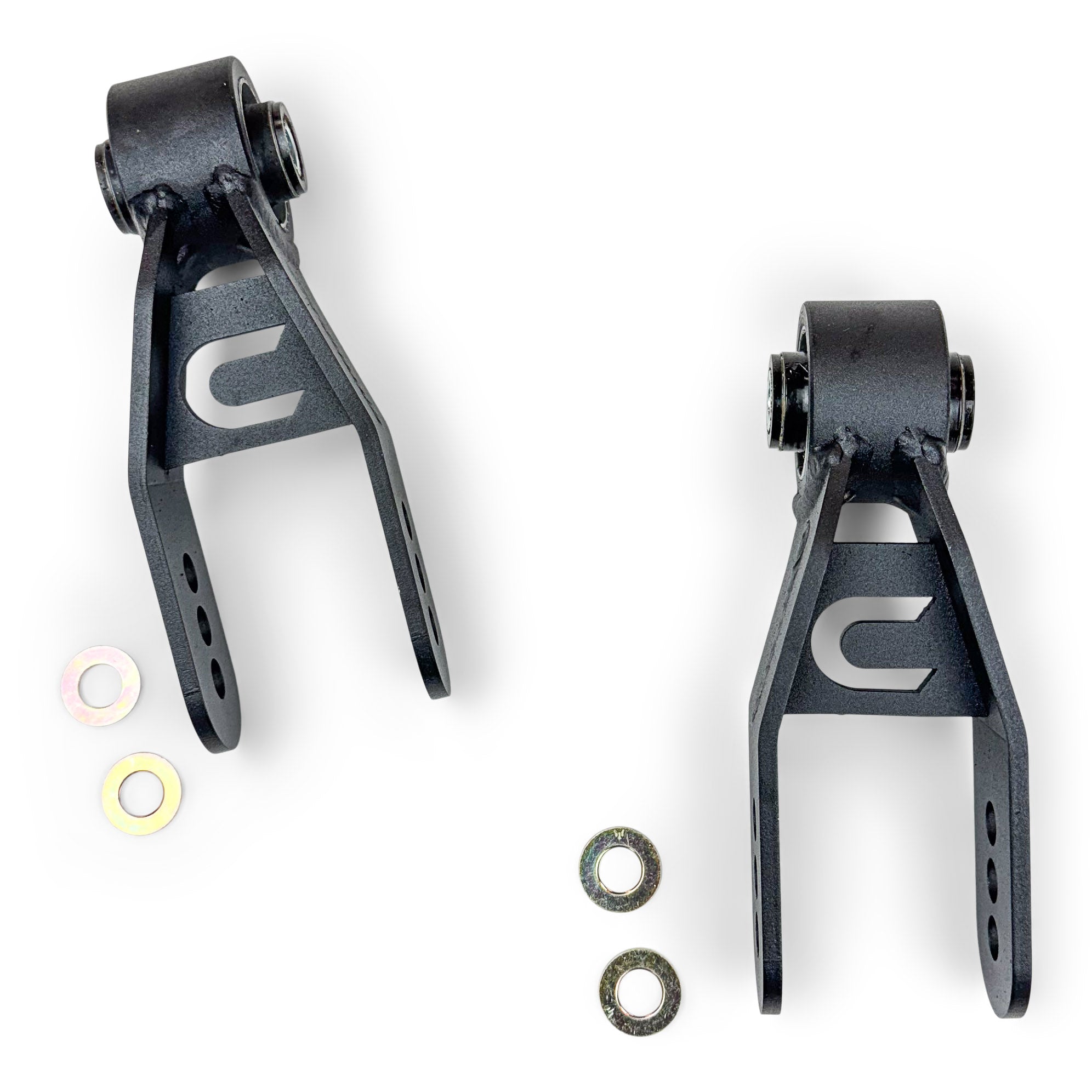 Pair of black adjustable suspension brackets with washers for off-road vehicles