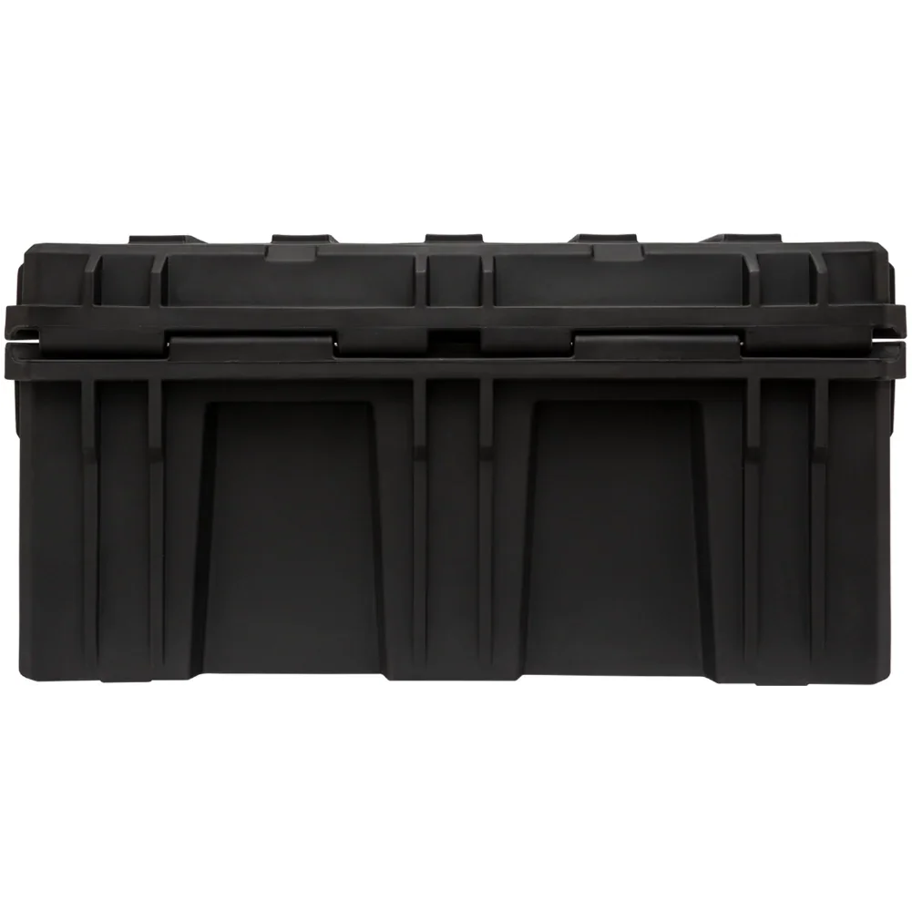 Heavy-duty black plastic storage box for overlanding and expedition gear