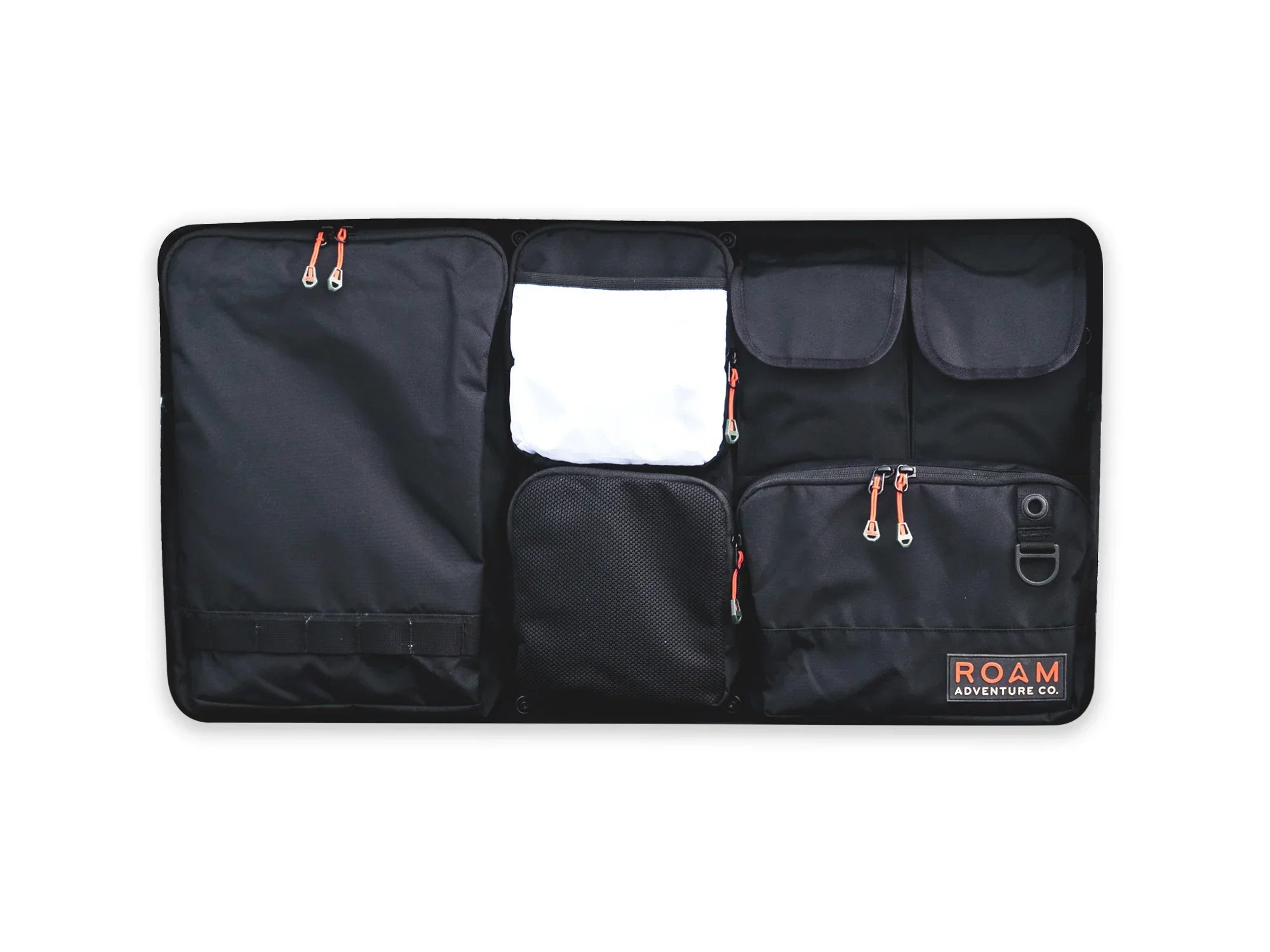 Black tactical lid organizer with multiple zippered pockets and mesh pouches for camping gear.