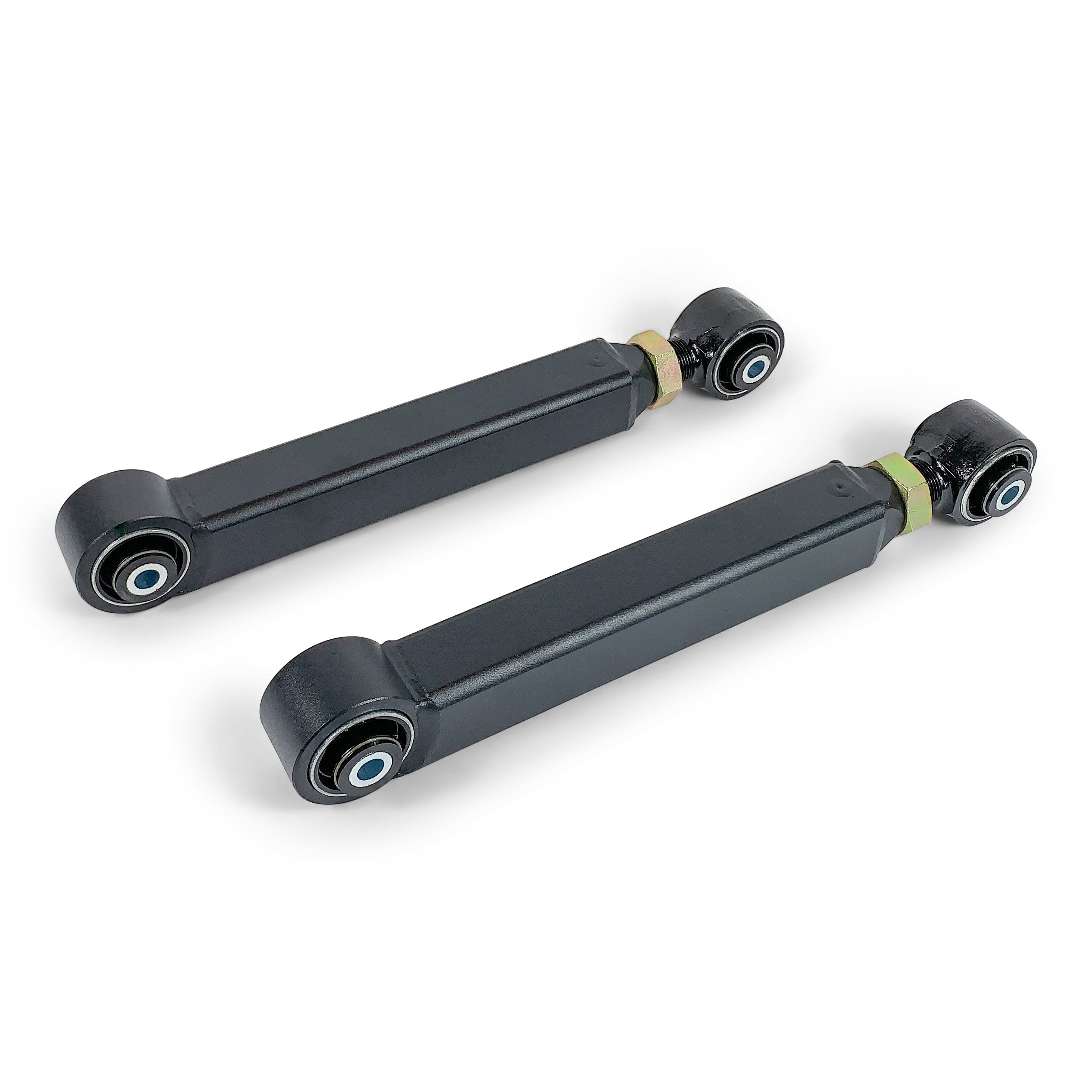 Pair of heavy-duty adjustable rear control arms for off-road vehicles on white background