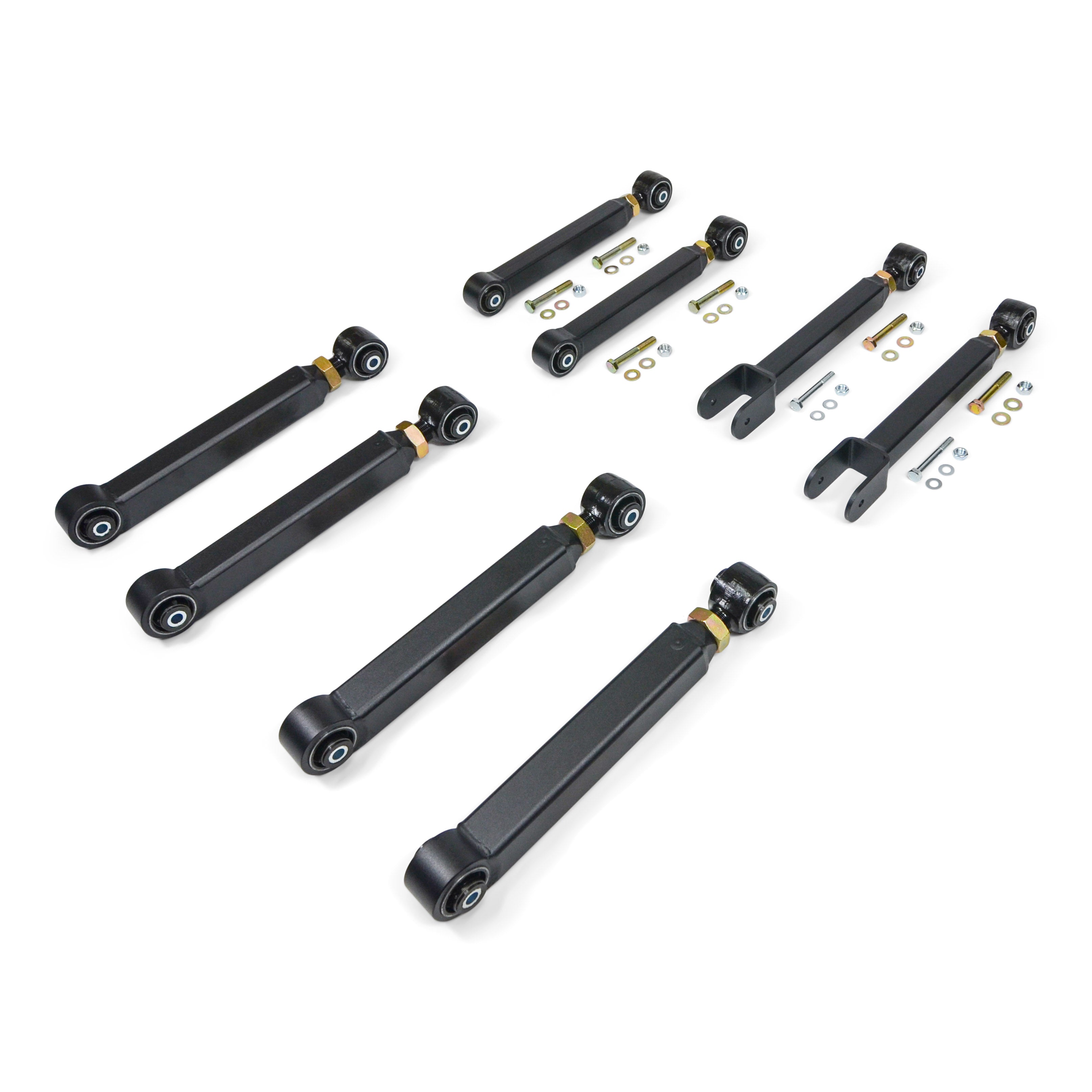 Adjustable control arms and hardware for off-road vehicle suspension upgrade