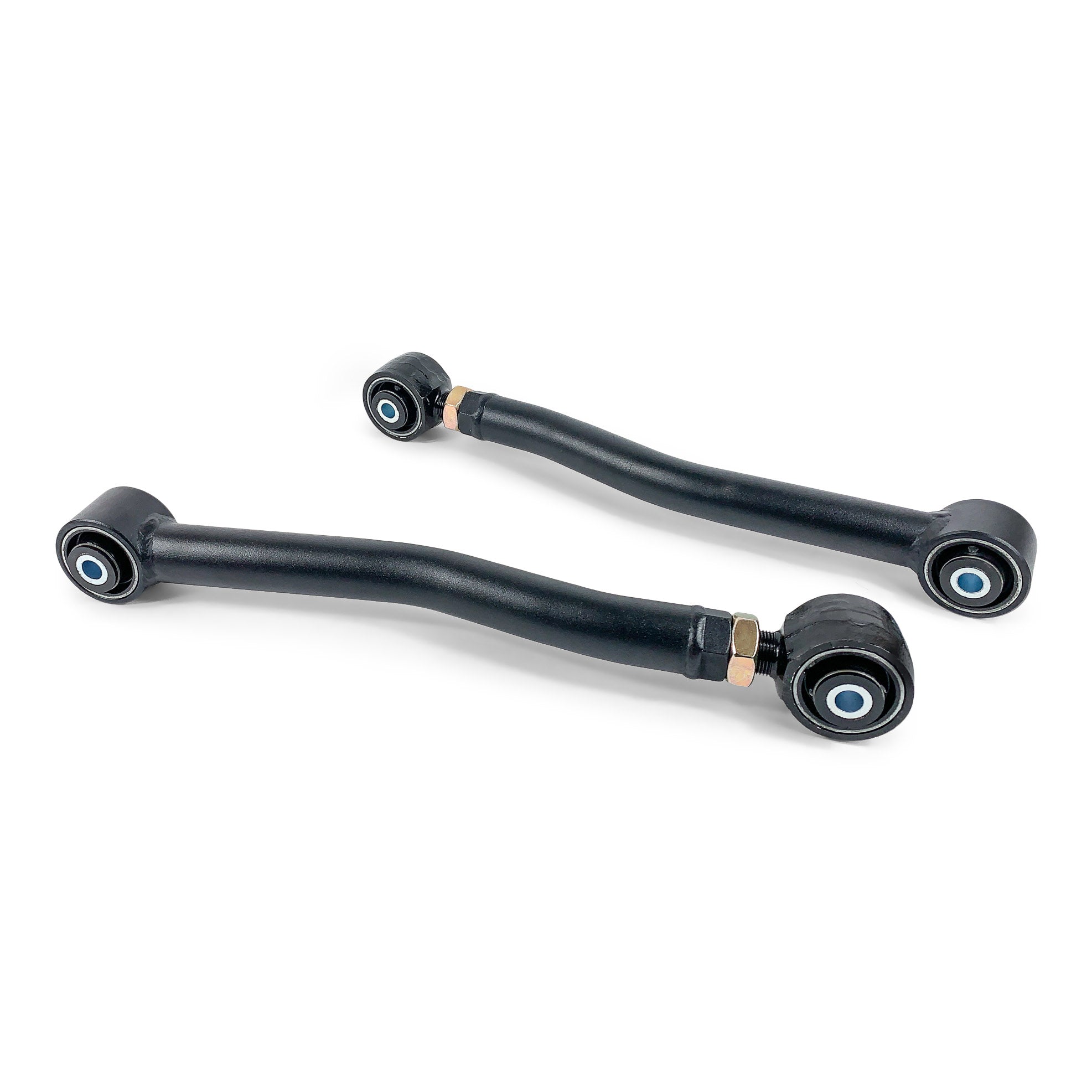 Pair of black adjustable rear control arms for off-road vehicles on white background