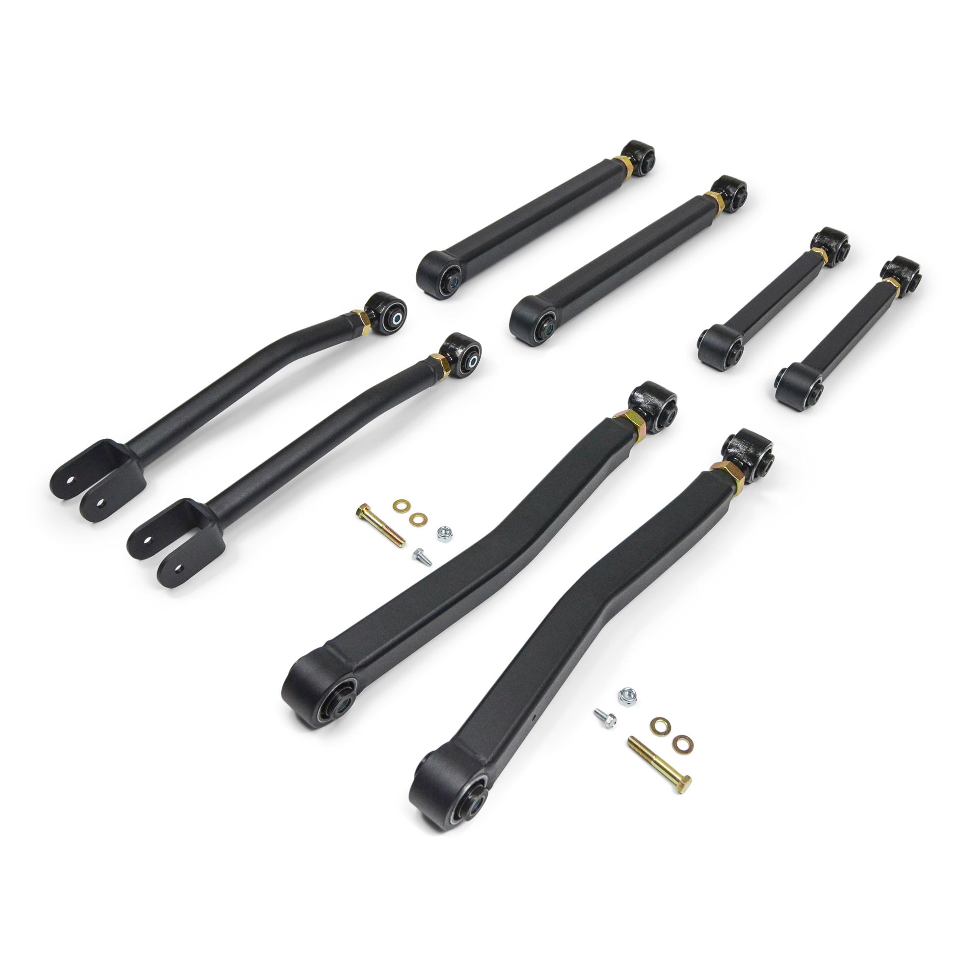 Heavy-duty black adjustable control arms and hardware for off-road vehicle suspension