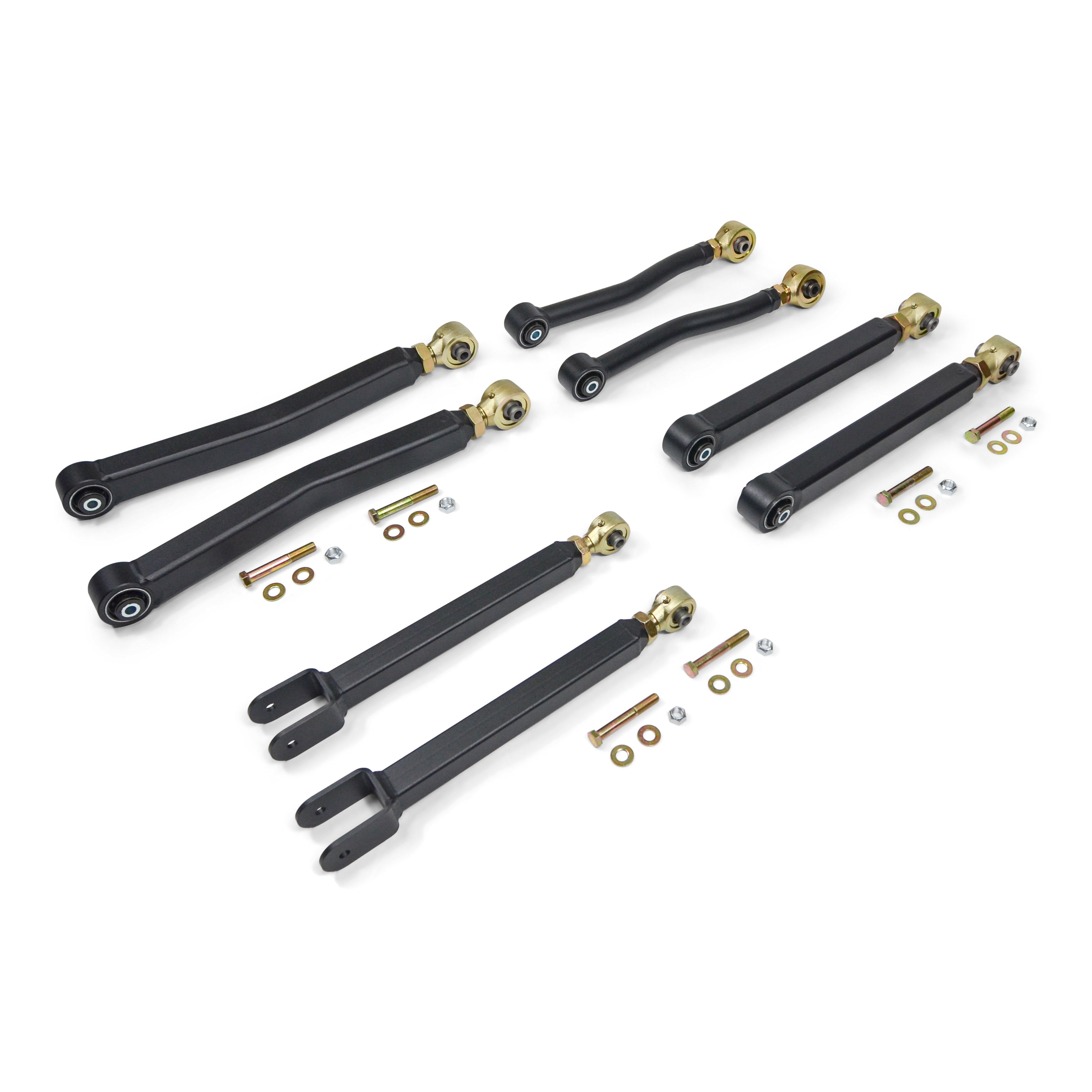 Heavy-duty adjustable control arms and hardware kit for off-road and overlanding vehicles.