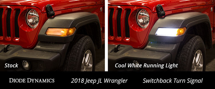 Diode Dynamics Switchback turn signal LEDs for Jeep JL Wrangler Sport – stock vs LED