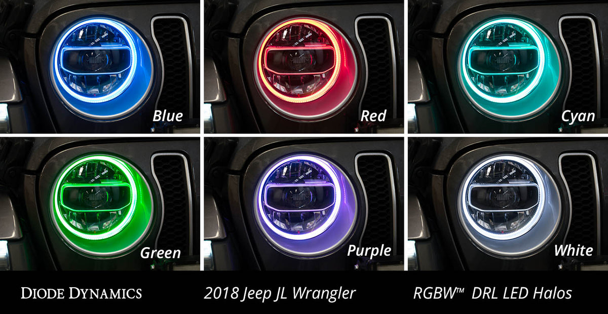 Diode Dynamics RGBW HD LED halos for Jeep JL Wrangler and Gladiator – color collage
