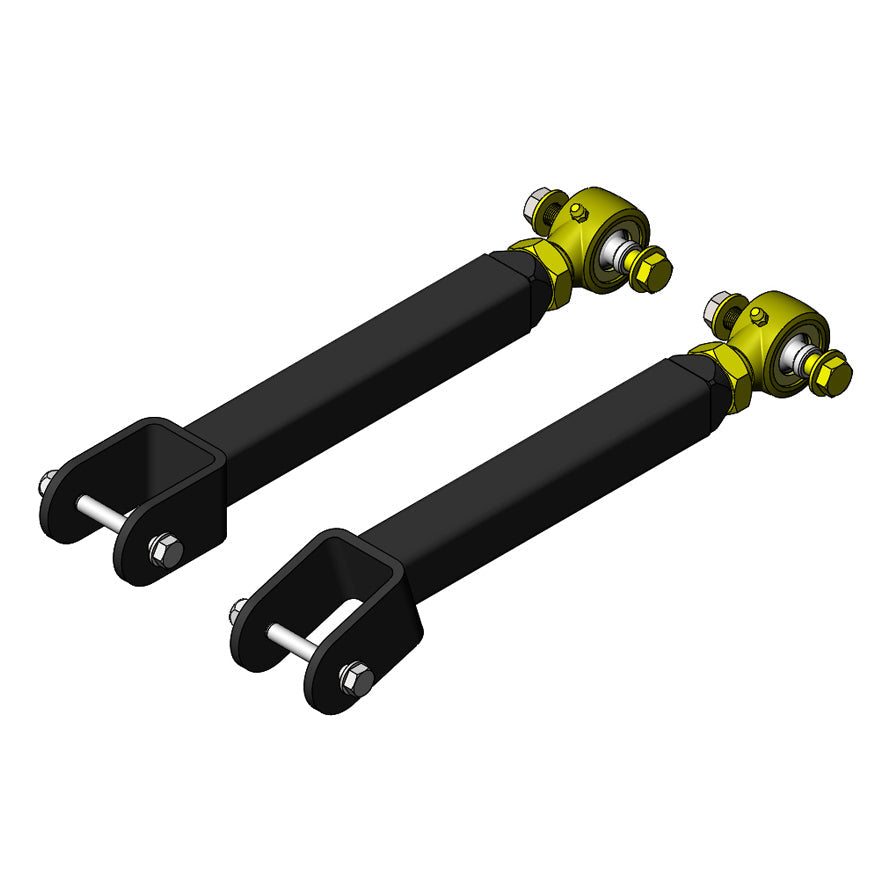 Pair of heavy-duty suspension control arms with black body and gold rod ends for off-road vehicles
