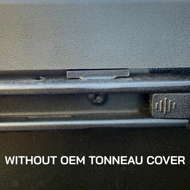 Close-up of truck bed rail detail without OEM tonneau cover, ideal for overlanding gear