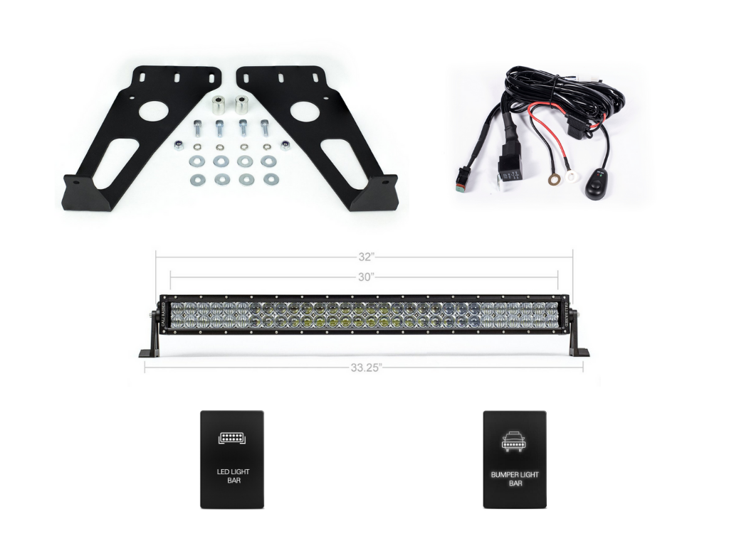 LED light bar kit with mounting brackets, wiring harness, switches, and hardware for off-road vehicles