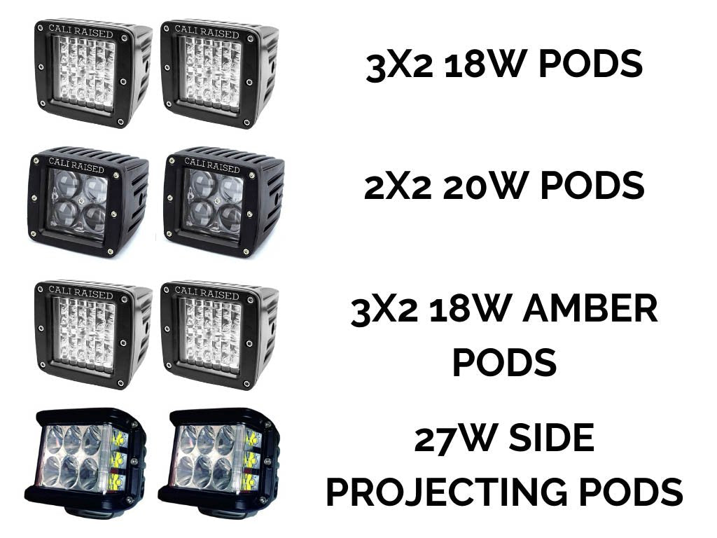 Off-road LED light pods for overlanding, including 3x2 18W, 2x2 20W, amber, and side projecting pods.