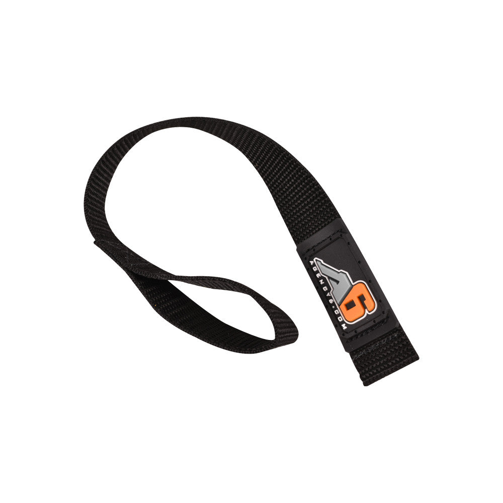 Black nylon recovery tow strap with reinforced loop for off-road vehicles