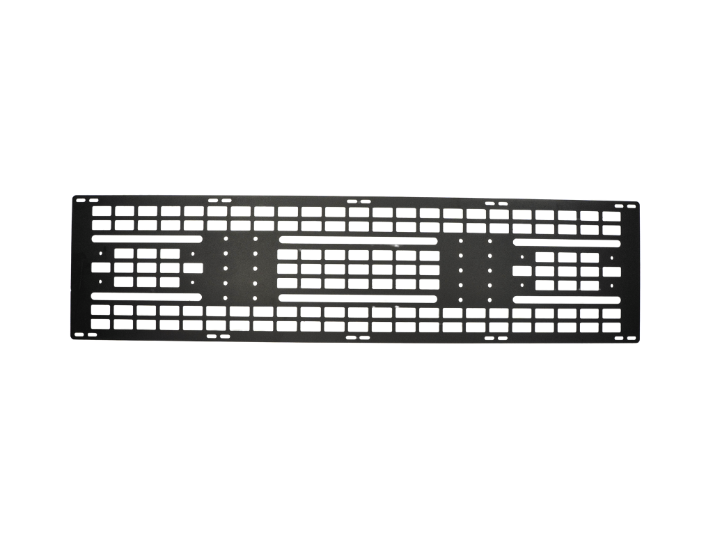Black metal MOLLE storage panel for overlanding gear and vehicle organization