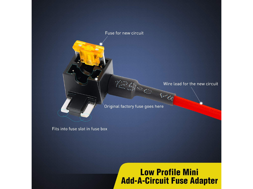 Low profile mini add-a-circuit fuse adapter with labeled fuse slots and wire lead for automotive applications.