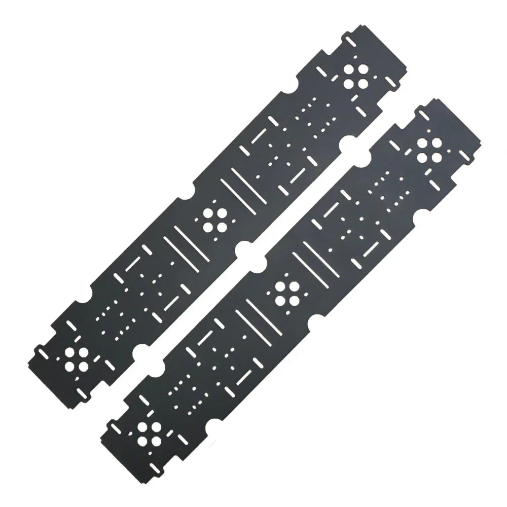 Pair of black metal mounting plates with slots and holes for overland vehicle accessories