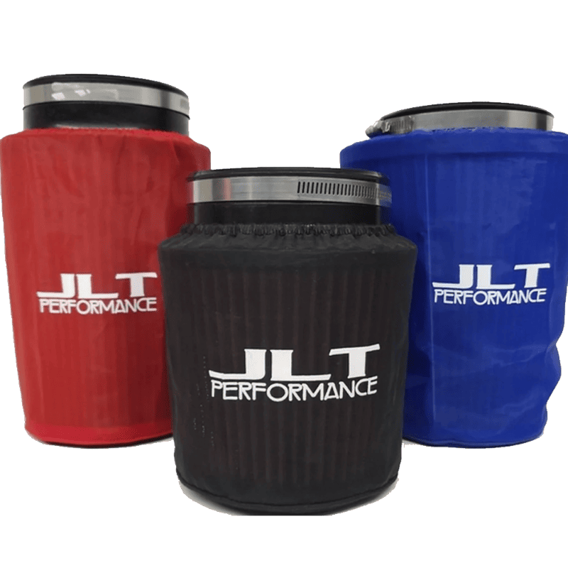 Three air filter wraps in red, blue, and black colors with the JLT Performance logo on each.