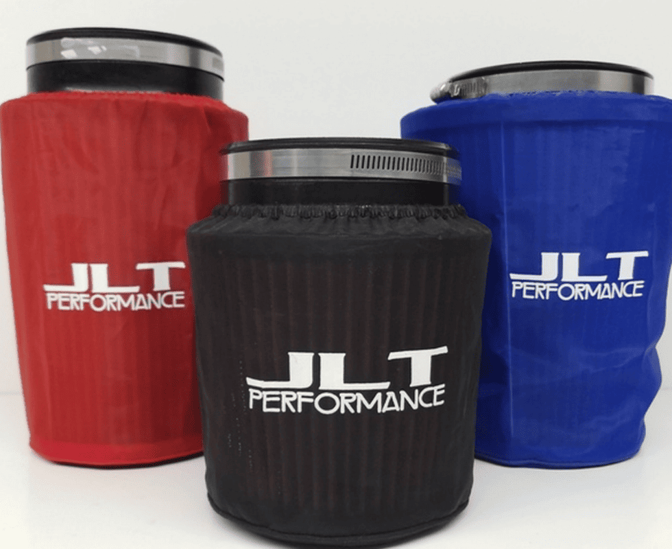 Three air filter wraps in red, black, and blue colors with 'JLT Performance' branding on each.