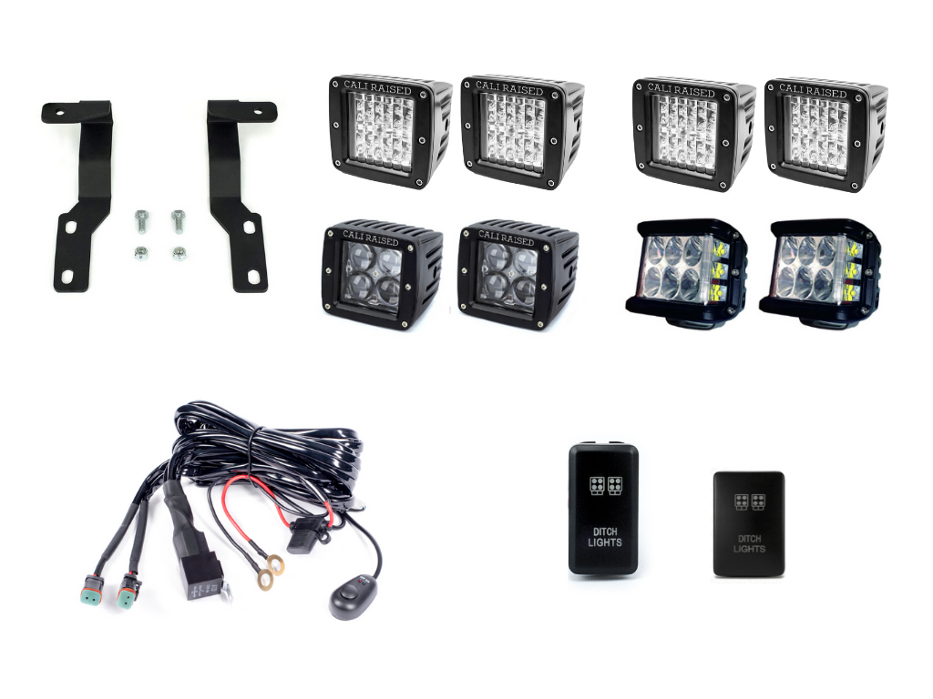 Toyota Tacoma low profile LED ditch light combo kit with mounting brackets, wiring, and switches