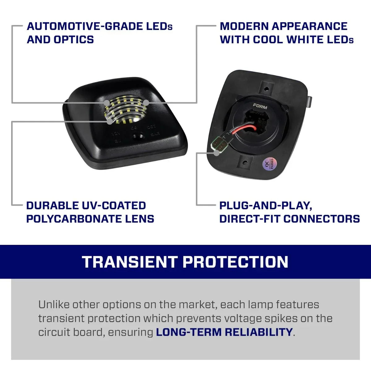 Toyota Tacoma license plate light with automotive-grade LEDs, UV lens, and plug-and-play connectors.