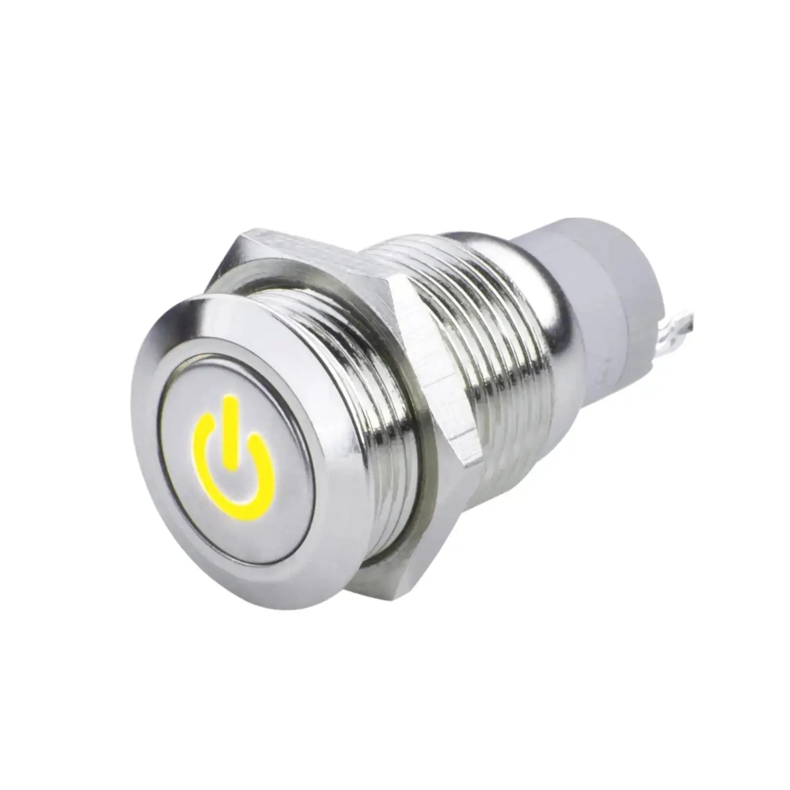 Stainless steel LED push button switch with yellow illuminated power symbol