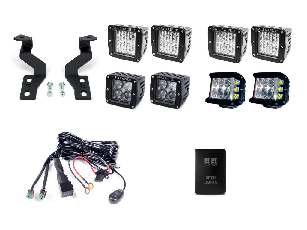 Toyota Tundra ditch light kit with LED pods, brackets, wiring harness, and switch