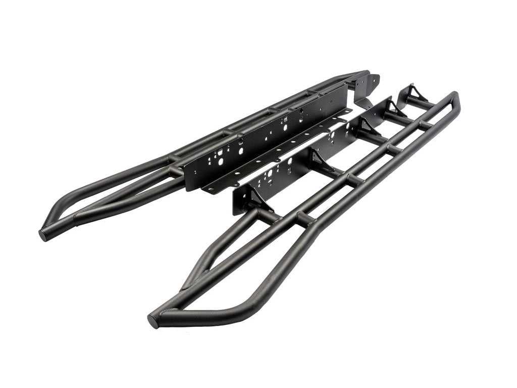 Black steel rock sliders side steps for 2014-2020 Toyota Tundra on white background