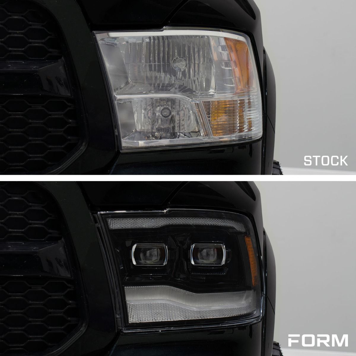 Form Lighting Sequential LED Projector Headlights for Ram 1500/2500/3500 2009–2018, side by side with the factory headlights