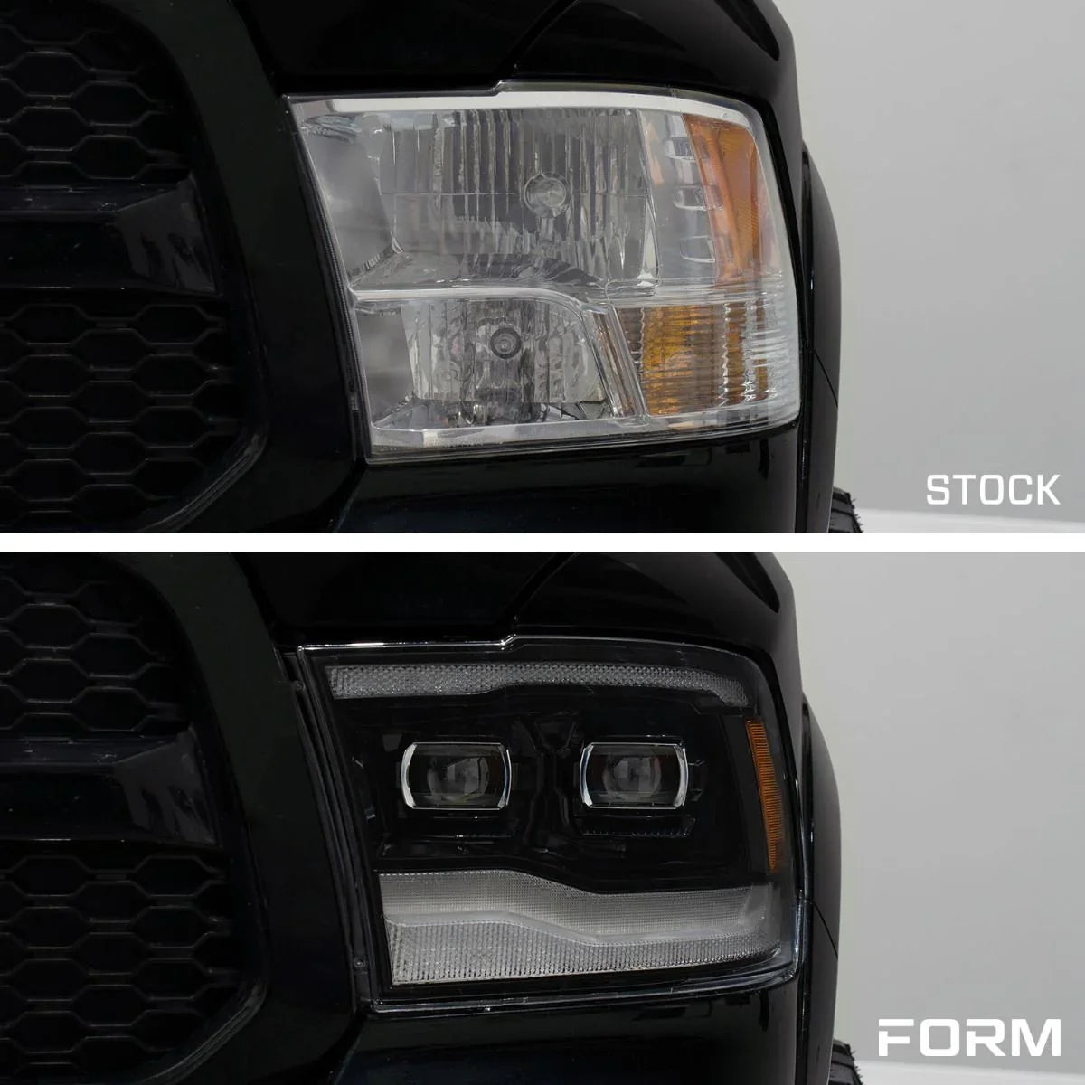 2014 Ram 1500 headlight comparison showing stock halogen vs aftermarket LED headlights.