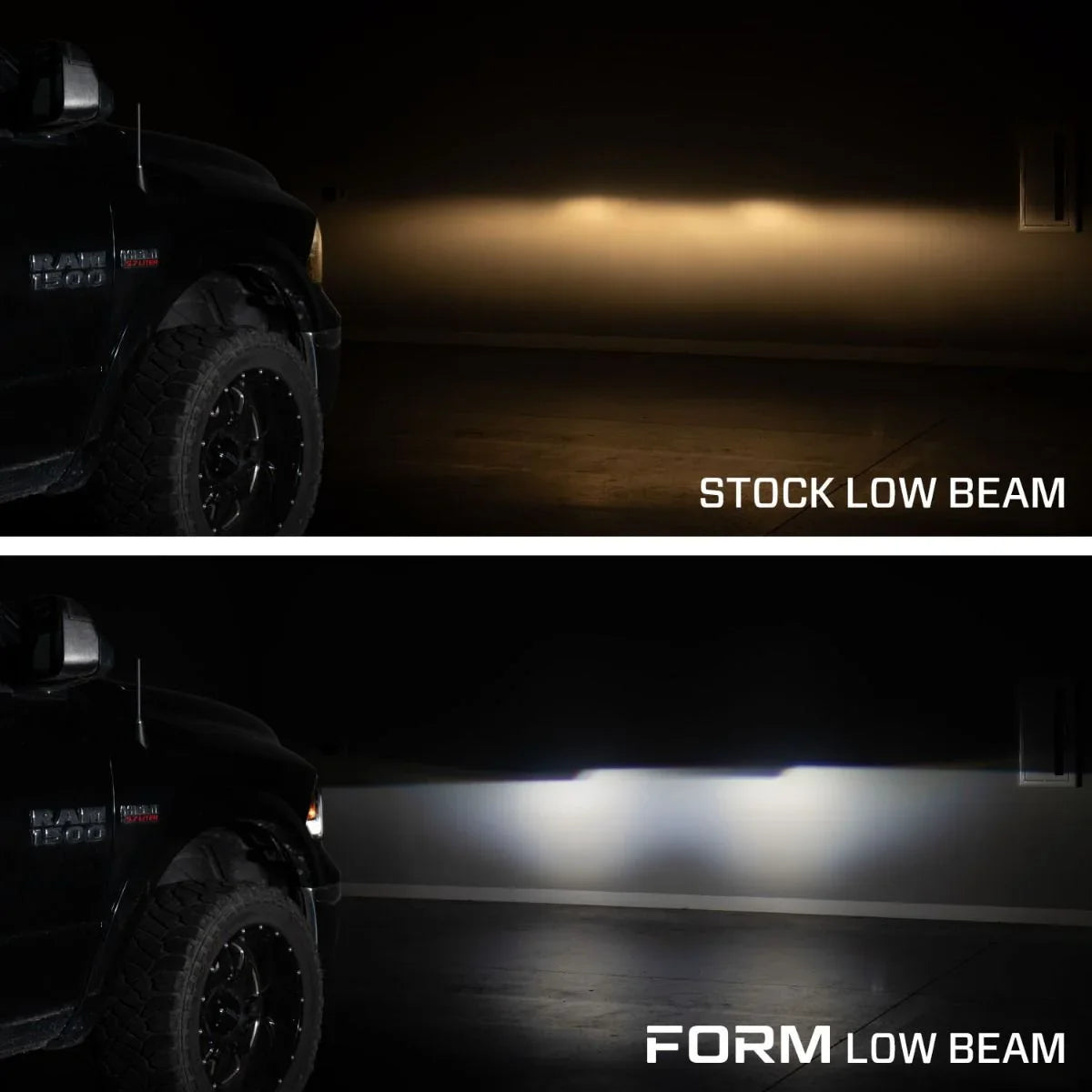 2014 Ram 1500 headlight comparison showing stock vs upgraded low beam output