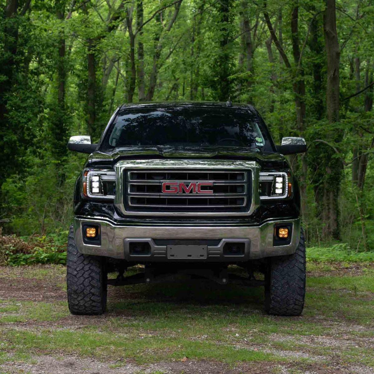 Form Lighting Sequential LED Projector Headlights for GMC Sierra 1500 2014-2018 - installed, straight-on view