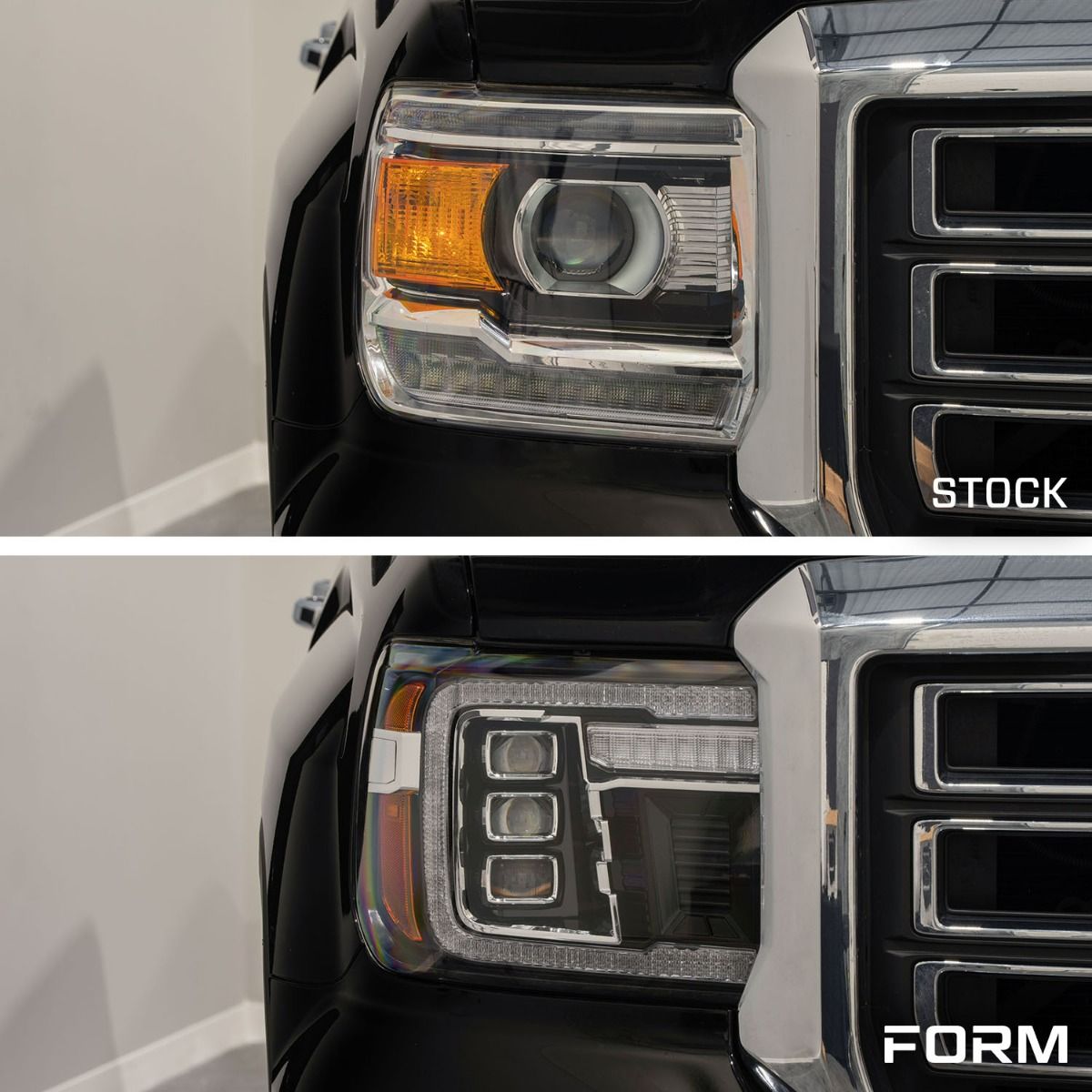 Form Lighting Sequential LED Projector Headlights for GMC Sierra 1500 2014-2018 - stock vs Form comparison