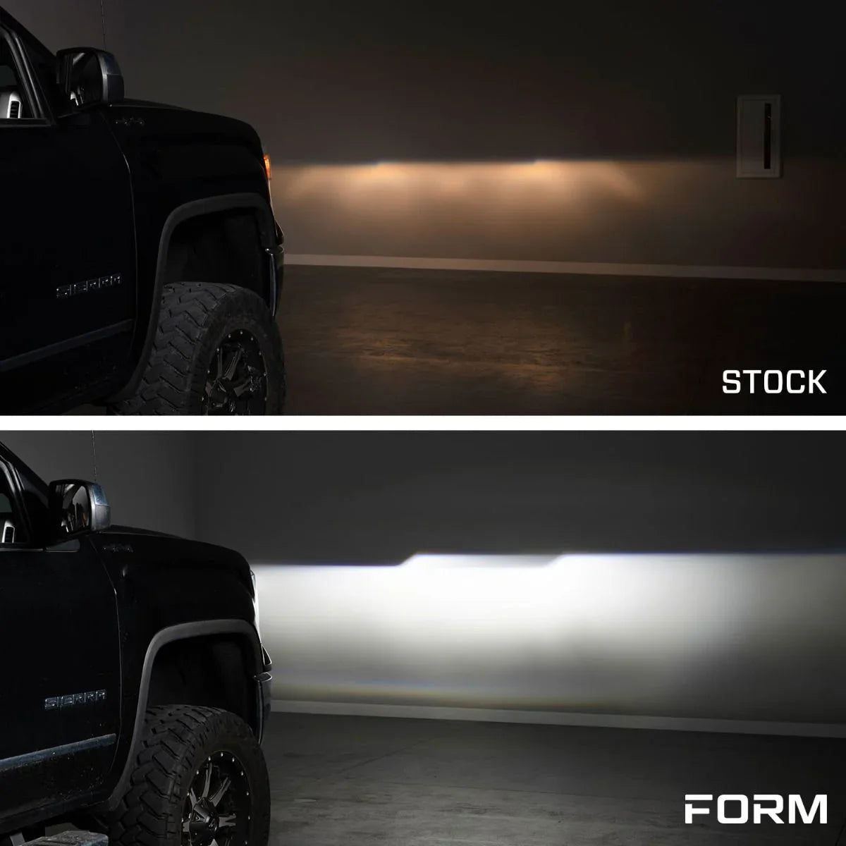 2015 GMC Sierra headlight output comparison, stock vs aftermarket LED on dark wall