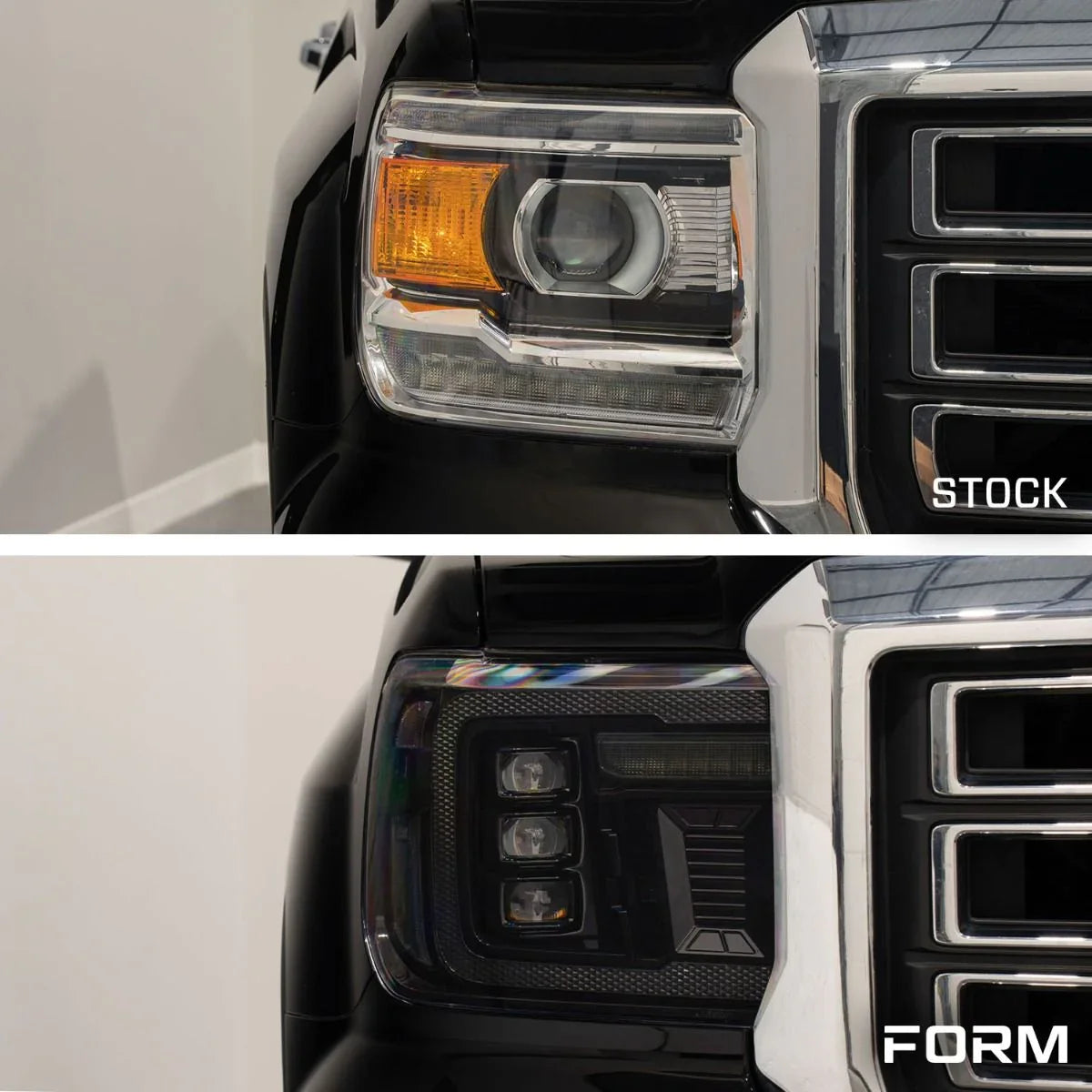 2015 GMC Sierra headlight comparison showing stock amber versus smoked aftermarket LED headlights