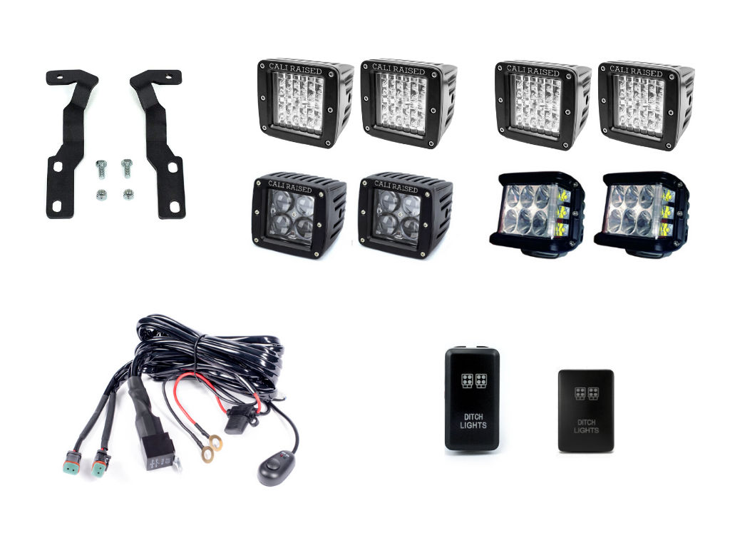 Toyota Tacoma low profile ditch light bracket kit with LED lights, wiring and switches