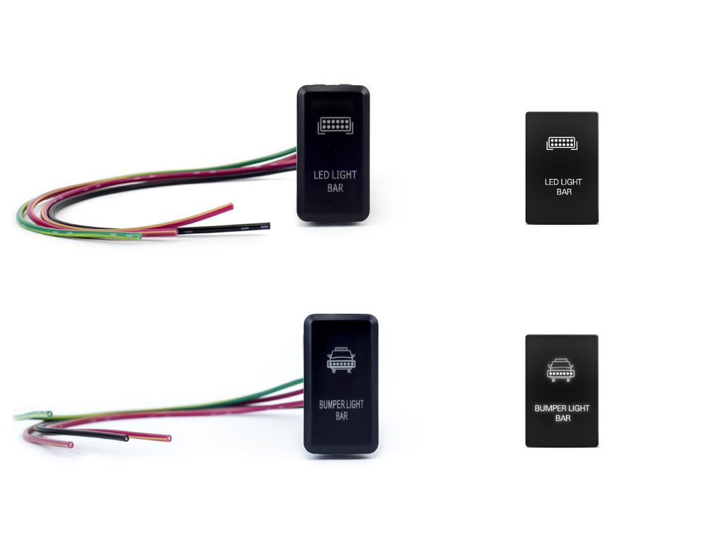 Toyota Tacoma 32-inch lower bumper LED light bar switches with wiring, close-up view