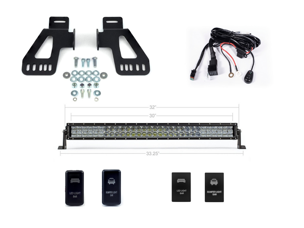 Toyota Tacoma 32 inch upper grille LED light bar kit with brackets, wiring, and switches