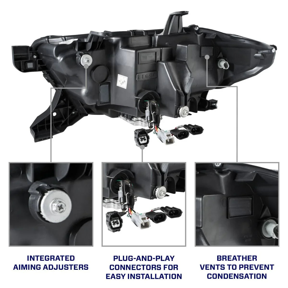 Toyota Tacoma projector headlight with plug-and-play connectors, aiming adjusters, and breather vents