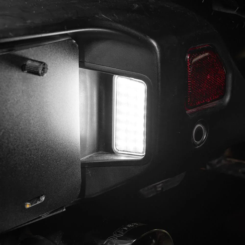 LED license plate light installed on rear bumper of 2018 Jeep Wrangler