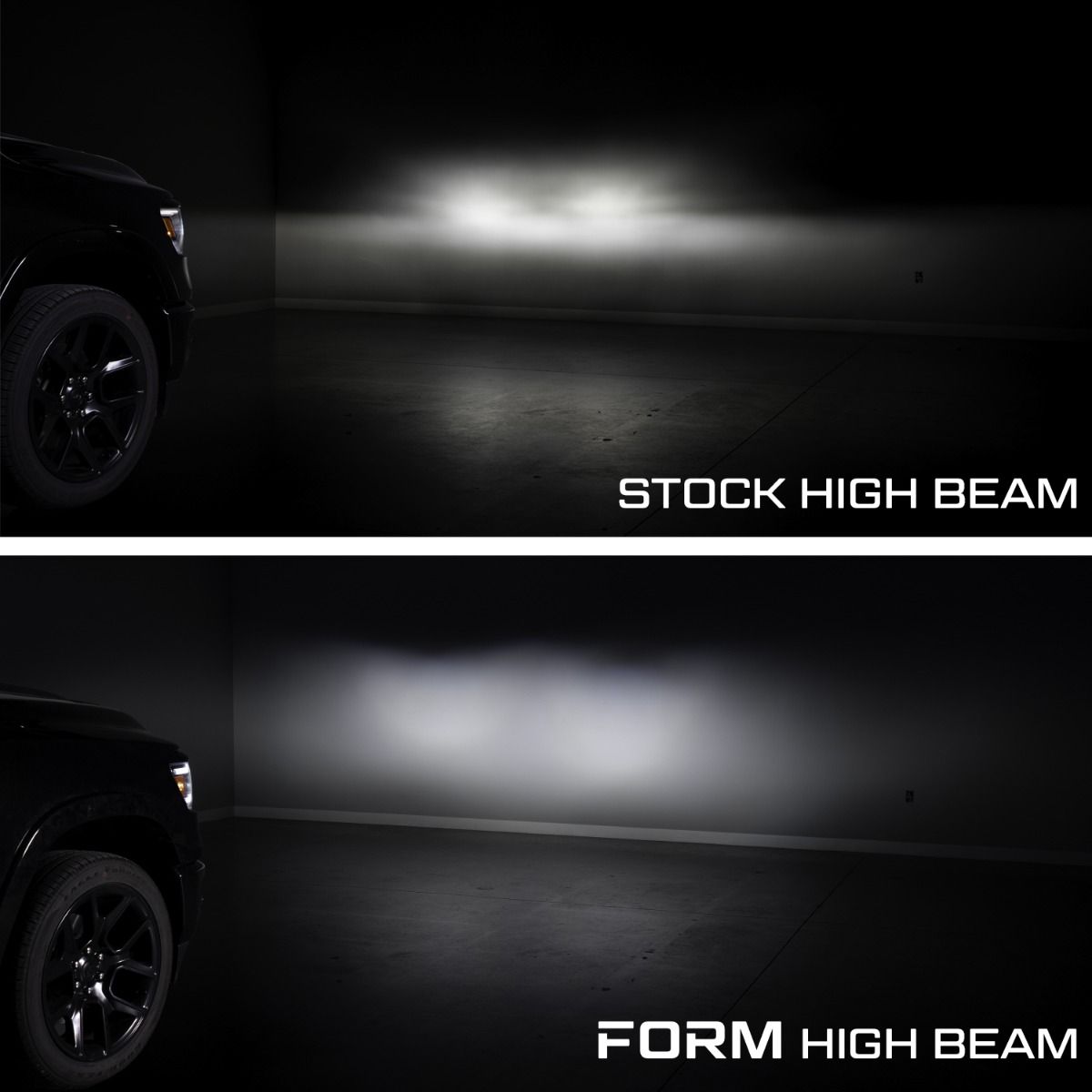Form Lighting Sequential LED Projector Headlights for Ram 1500 2019–2024, high beam output comparison