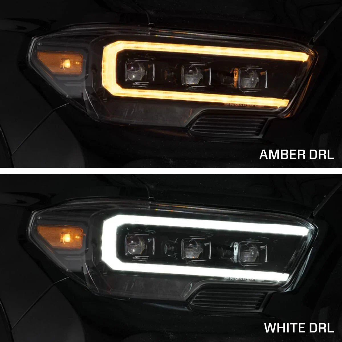 2021 Toyota Tacoma headlight with selectable amber and white DRL options comparison